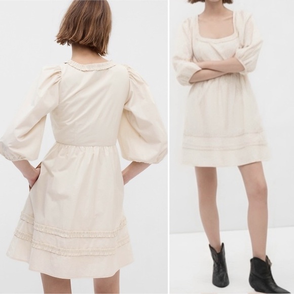 GAP Dresses & Skirts - Gap Puff Sleeve Ruffle Neck Mini Dress Chino Beige Square Neck Pockets 2023-12